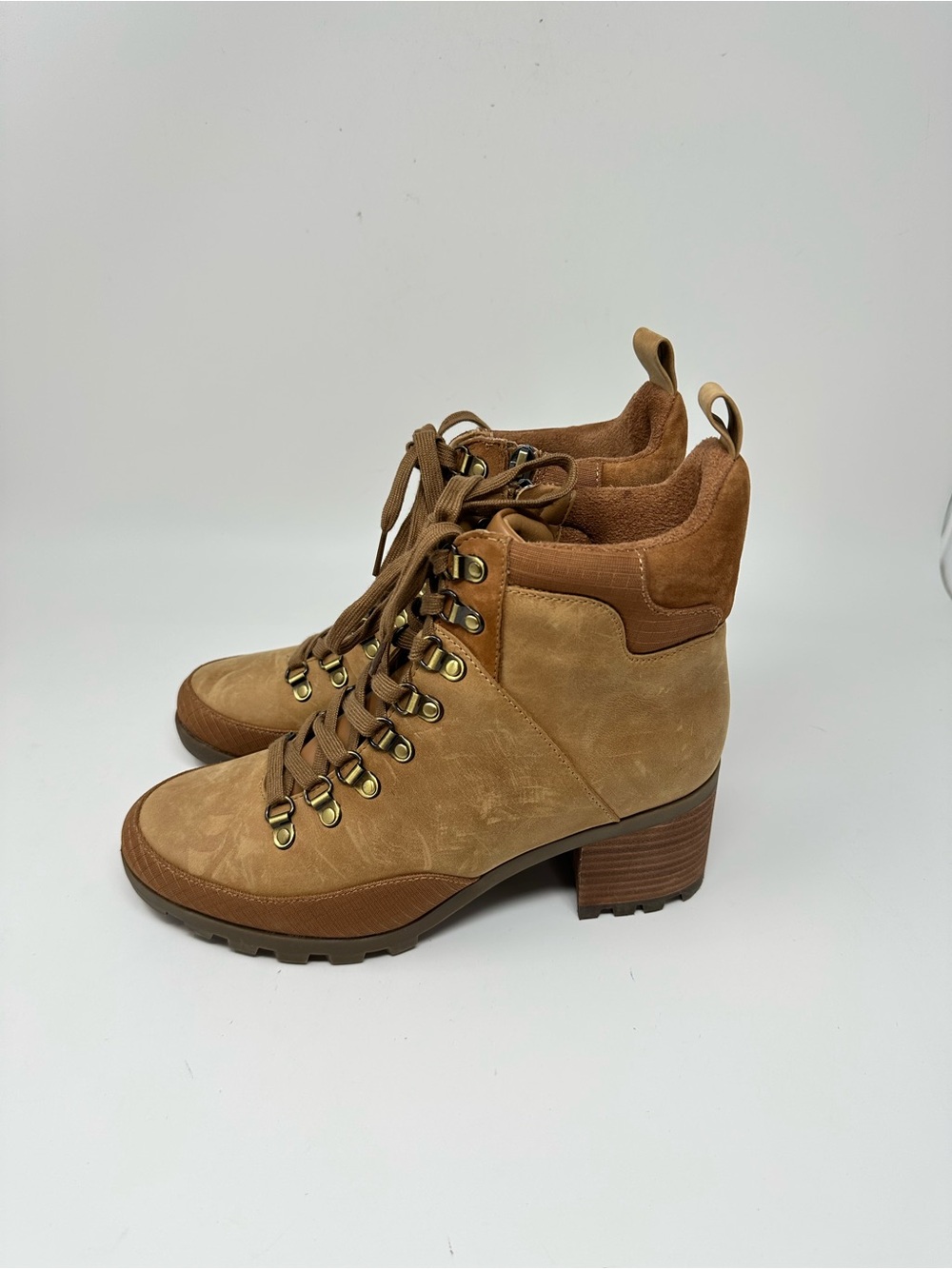 New Vionic Spencer Boots Tan Chunky Waterproof Leather Hiker Combat Women's 8.5
